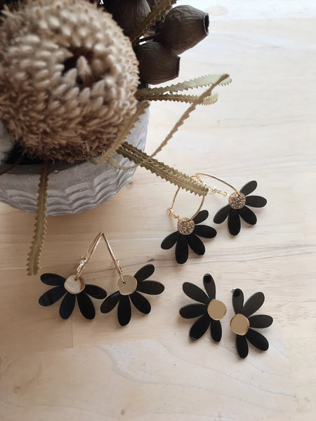 Jumbo Daisy Hoop Earrings - Black + Gold