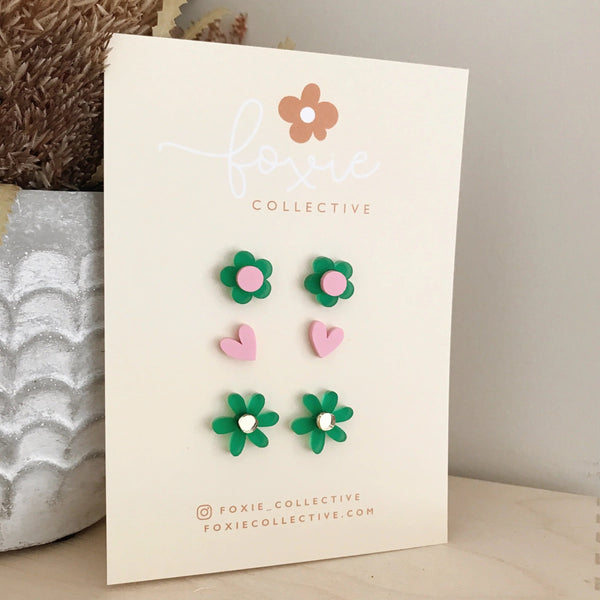 Stud Pack Trio | Green + Pink