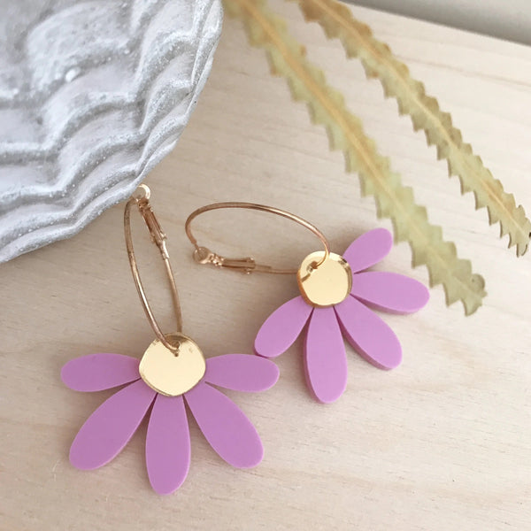 Jumbo Daisy Hoop Earrings - Lilac + Gold Mirror