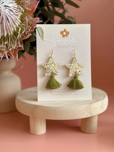 Star Dust Dangles - Gold Sparkle + Olive Green