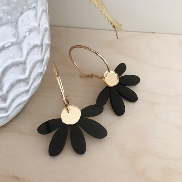 Jumbo Daisy Hoop Earrings - Black + Gold