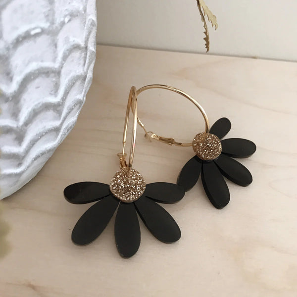 Jumbo Daisy Hoop Earrings | Black + Gold Glitter
