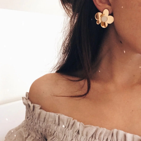 Moon Flower Studs - Gold + Cream
