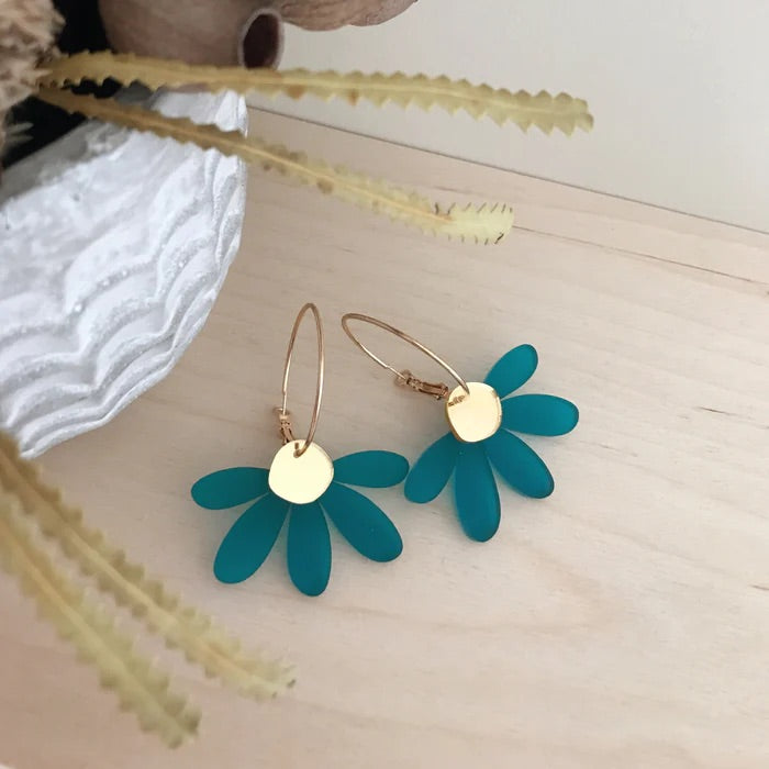 Jumbo Daisy Hoop Earrings - Frosted Teal + Gold