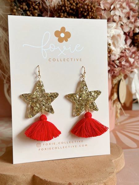 Star Dust Dangles - Gold Sparkle + Red