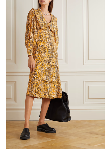 Ganni Leopard Print Crepe Midi Dress Size 38